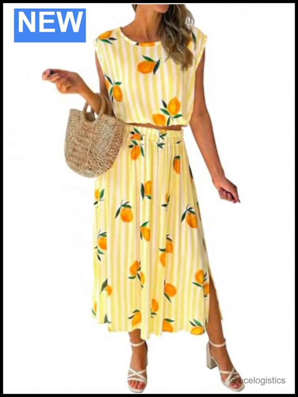 Women's Striped 2 Piece Skirt Set Sleeveless Tank Maxi Skirt Lemon Print Casual